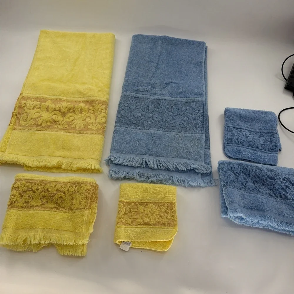 Vtg 70s Sears Yellow& Blue Fringe Bath Towel Retro MCM Damask Cotton 6 Pieces